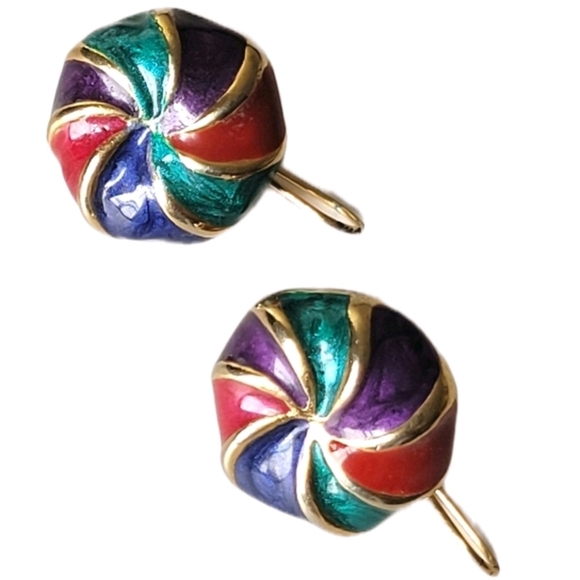 Vintage Jewelry - Vintage Made In USA Spiral Circle Purple Green Blue Red Pierced Earrings